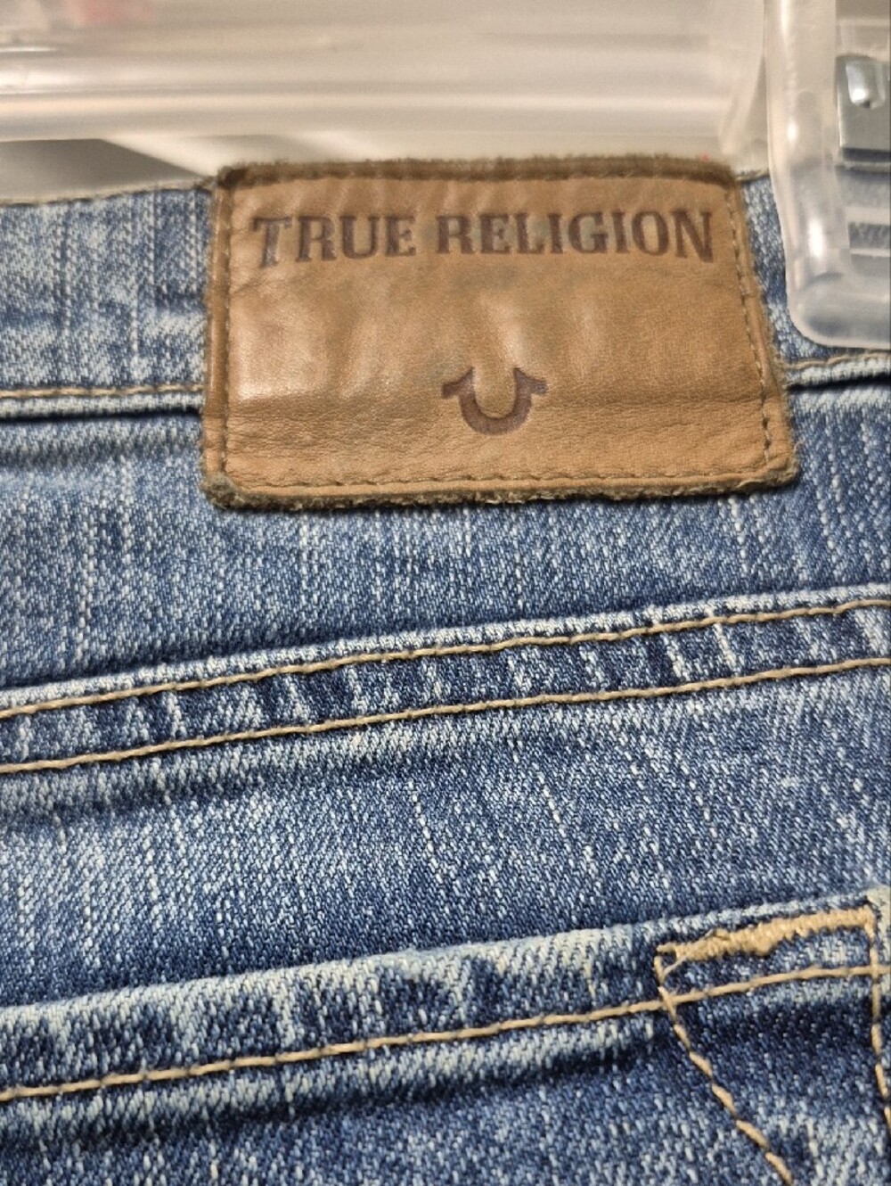 True Religion Light Blue Straight Leg Jeans with Navy Floral Embroidery - Picture 3 of 5